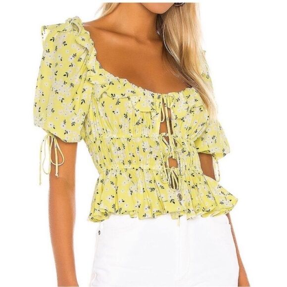 For Love & Lemons Chrysanthemum Floral Tie Front Short Sleeve Top Sz XS - Picture 8 of 10